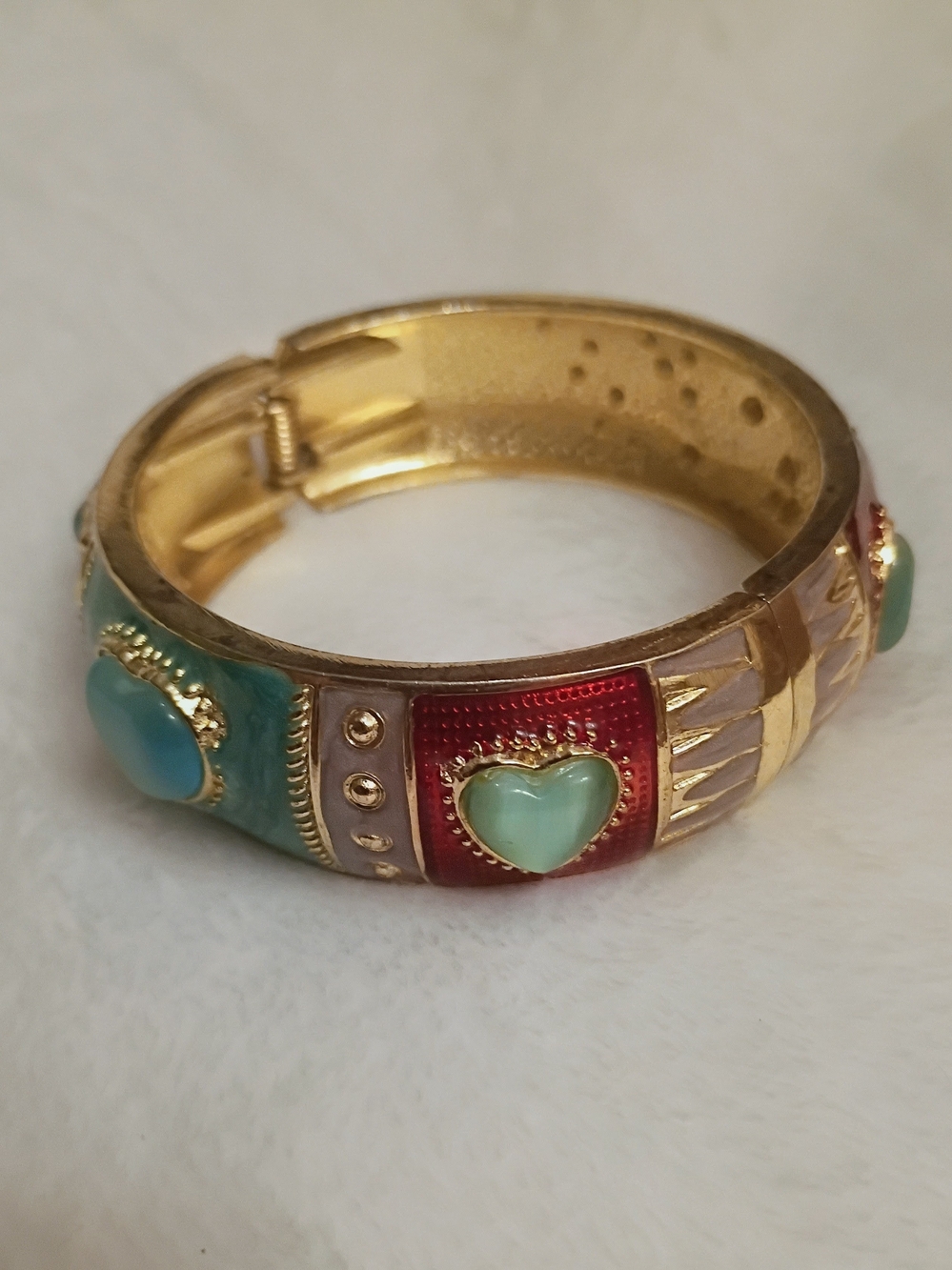 Gold-Tone Multicolor Enamel Heart Hinged Bangle Bracelet - Turquoise & Red
